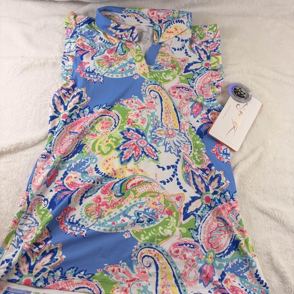 G Lifestyle by Gottex Petra Paisley Sleeveless Golf Polo Top XS Periwinkle NWT